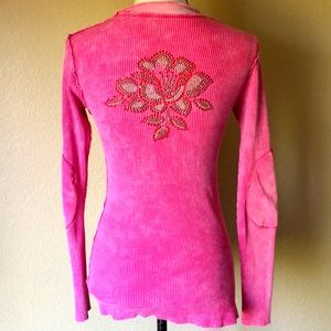 Distressed waffle cotton/velour rhinestones embellished pink top S